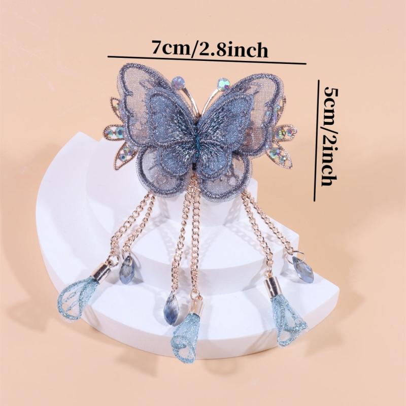 Butterfly Embroidered Hair Claw Clip with Tassel Chain