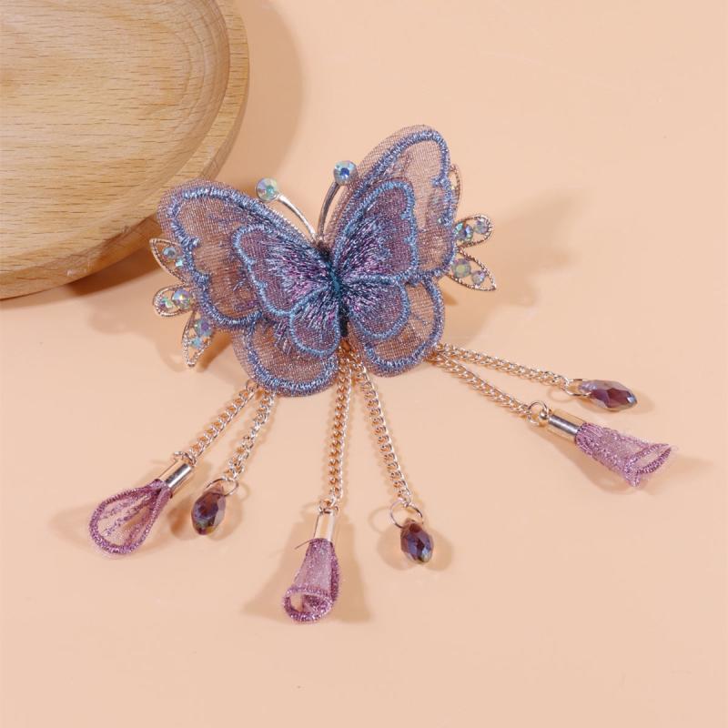 Butterfly Embroidered Hair Claw Clip with Tassel Chain