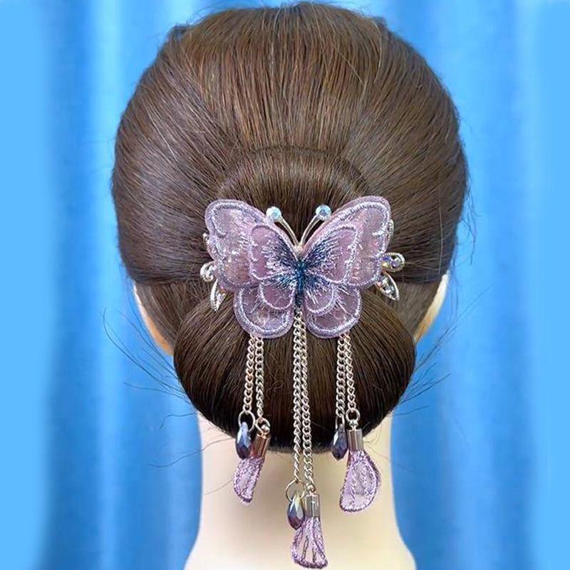Butterfly Embroidered Hair Claw Clip with Tassel Chain