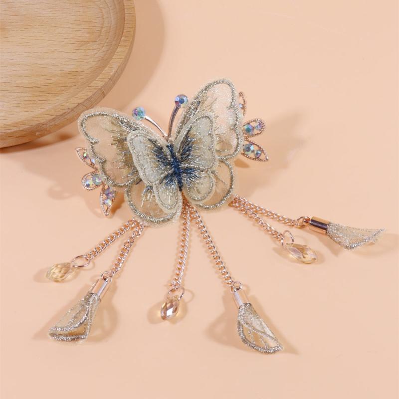 Butterfly Embroidered Hair Claw Clip with Tassel Chain