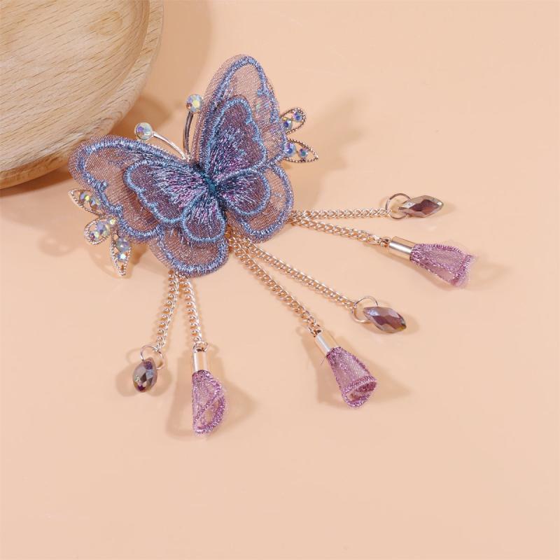 Butterfly Embroidered Hair Claw Clip with Tassel Chain
