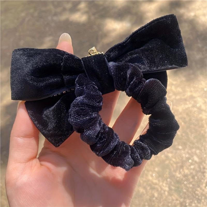 Velvet Bow Scrunchies with Rhinestone Brim Hair Tie