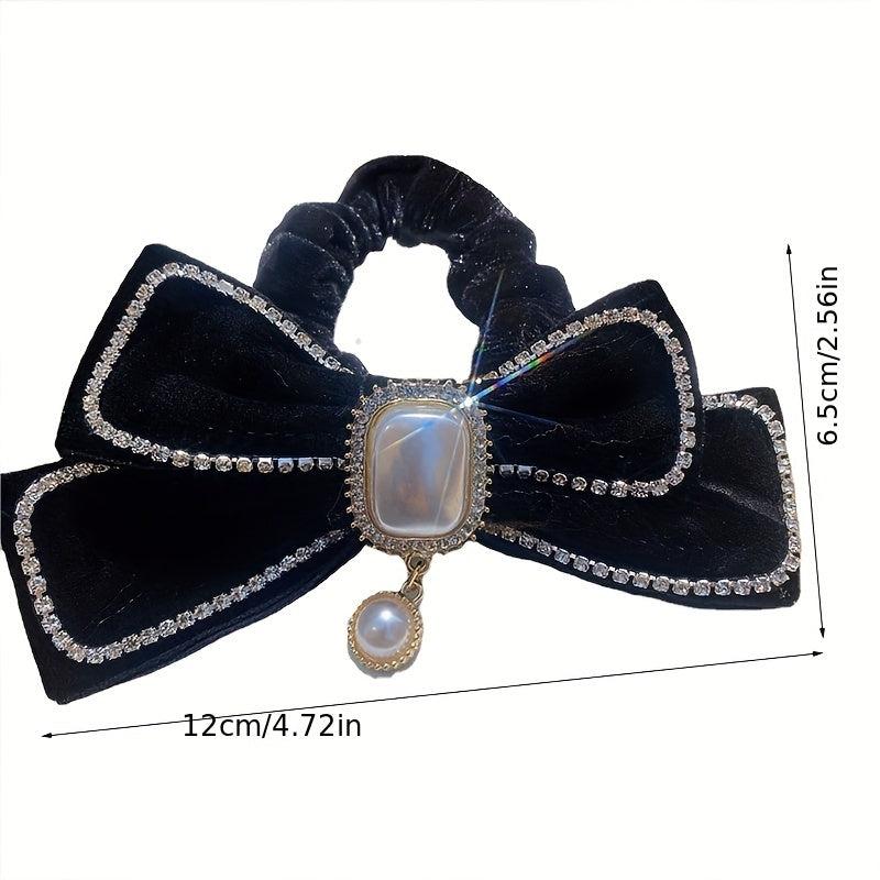 Velvet Bow Scrunchies with Rhinestone Brim Hair Tie