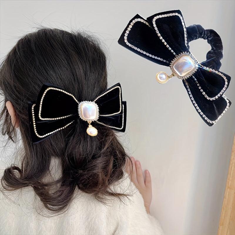 Velvet Bow Scrunchies with Rhinestone Brim Hair Tie