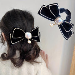Velvet Bow Scrunchies with Rhinestone Brim Hair Tie