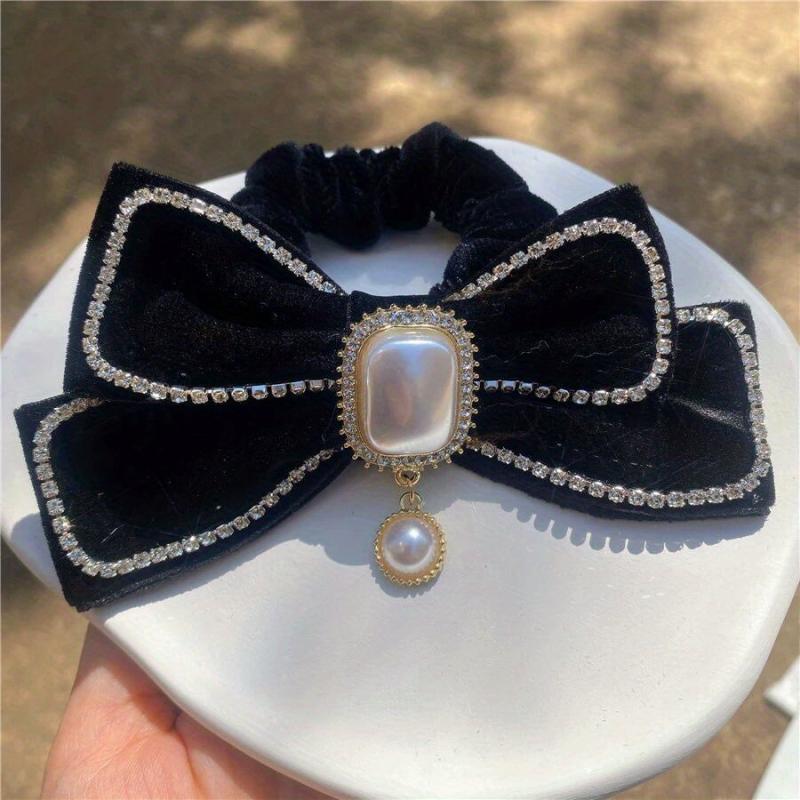 Velvet Bow Scrunchies with Rhinestone Brim Hair Tie