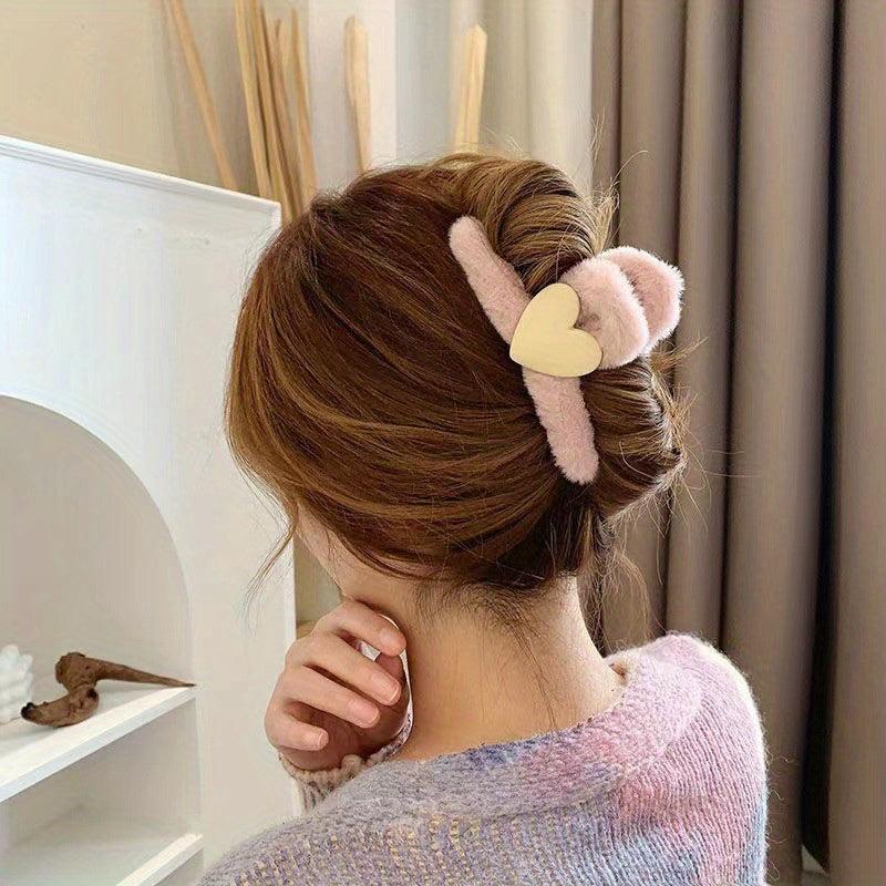 Plush Love Heart Hair Claw Clip Non Slip Strong Hold Grip Hair Jaw Clip