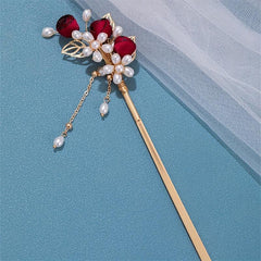 Faux Pearl Flower Hairpin Rose Hair Stick Ponytail Holder Hair Accessories