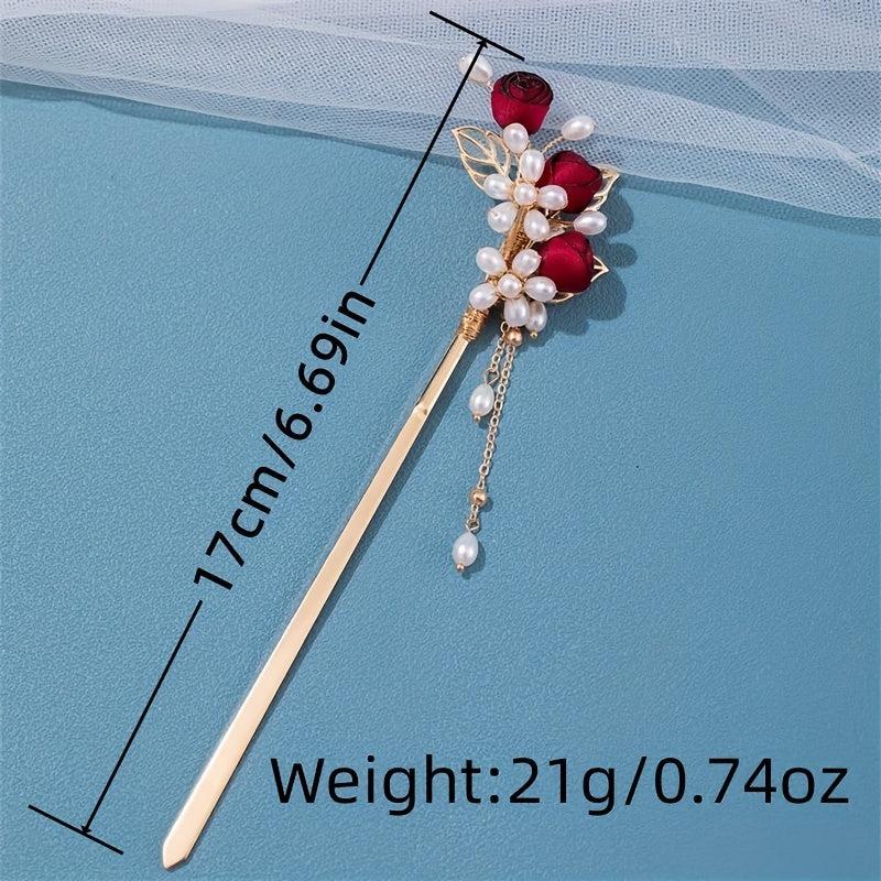 Faux Pearl Flower Hairpin Rose Hair Stick Ponytail Holder Hair Accessories