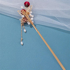 Faux Pearl Flower Hairpin Rose Hair Stick Ponytail Holder Hair Accessories
