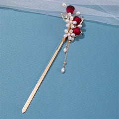Faux Pearl Flower Hairpin Rose Hair Stick Ponytail Holder Hair Accessories