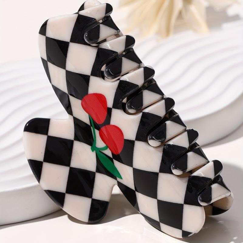 Acrylic Checkered Hair Claw Cherry Pattern