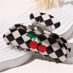 Acrylic Checkered Hair Claw Cherry Pattern