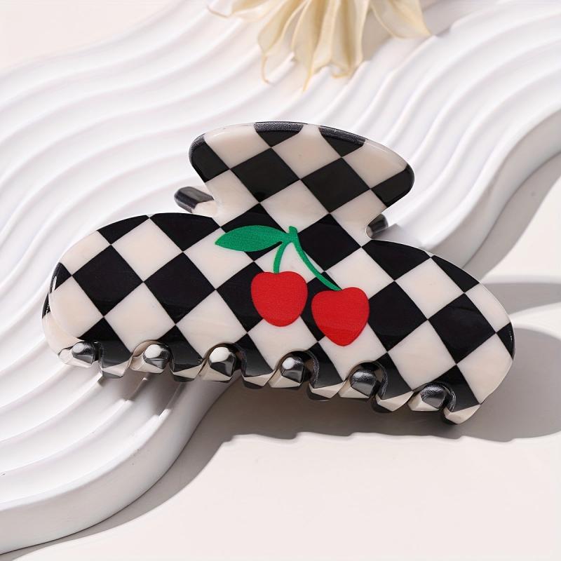 Acrylic Checkered Hair Claw Cherry Pattern