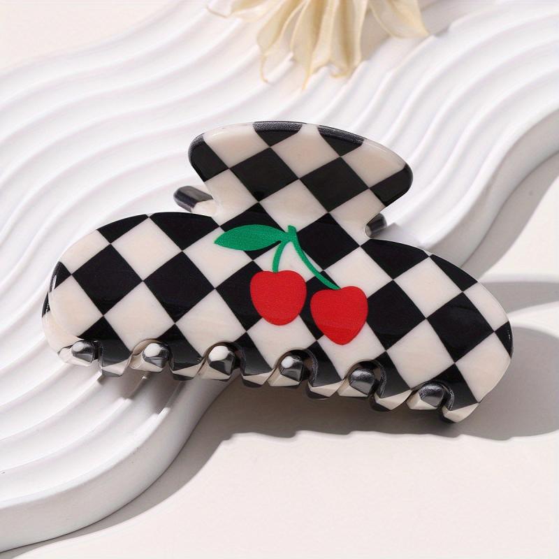 Acrylic Checkered Hair Claw Cherry Pattern