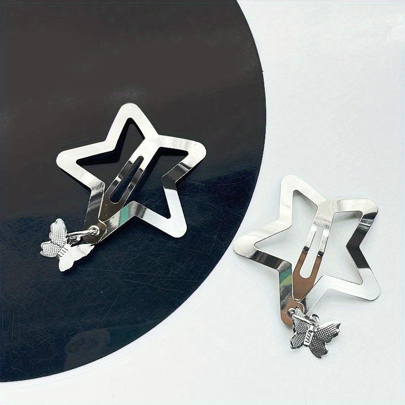 2pcs Y2K Hair Clips Silvery Snap Clips with Moon Butterfly Star Pendant