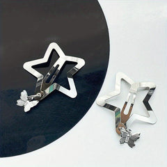 2pcs Y2K Hair Clips Silvery Snap Clips with Moon Butterfly Star Pendant