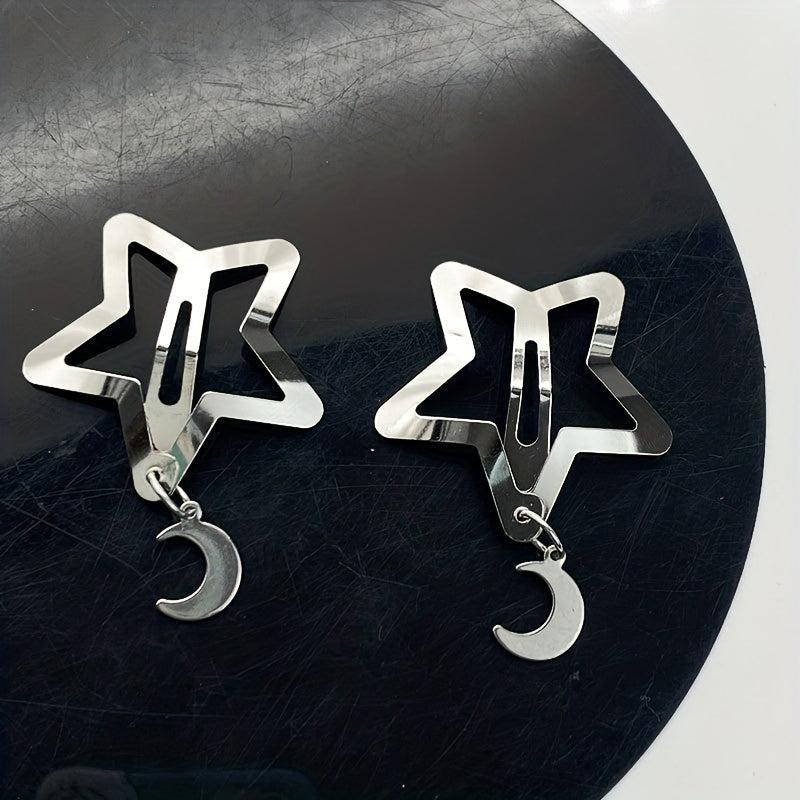 2pcs Y2K Hair Clips Silvery Snap Clips with Moon Butterfly Star Pendant