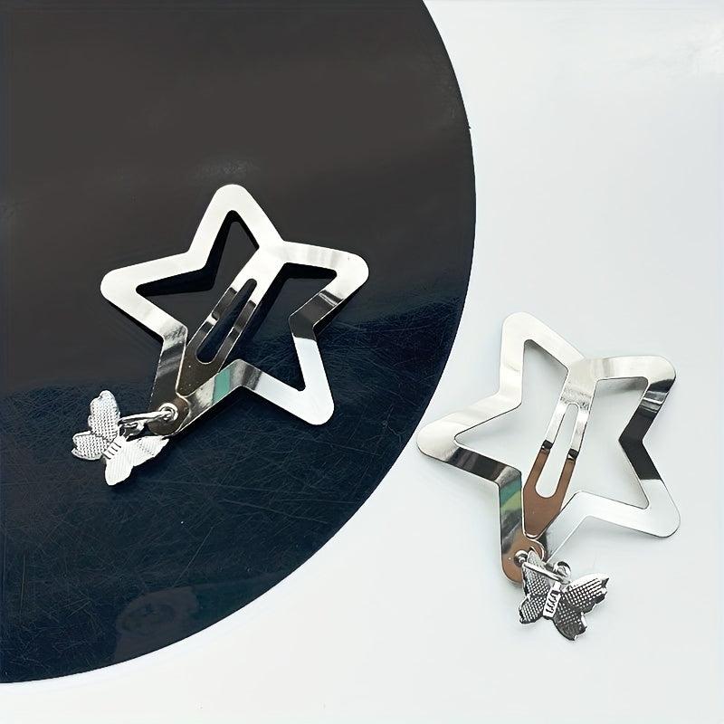 2pcs Y2K Hair Clips Silvery Snap Clips with Moon Butterfly Star Pendant