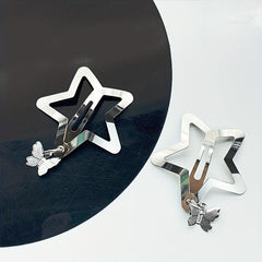 2pcs Y2K Hair Clips Silvery Snap Clips with Moon Butterfly Star Pendant