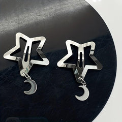 2pcs Y2K Hair Clips Silvery Snap Clips with Moon Butterfly Star Pendant