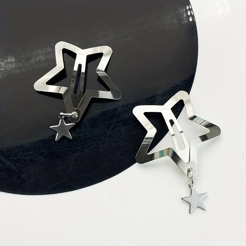 2pcs Y2K Hair Clips Silvery Snap Clips with Moon Butterfly Star Pendant