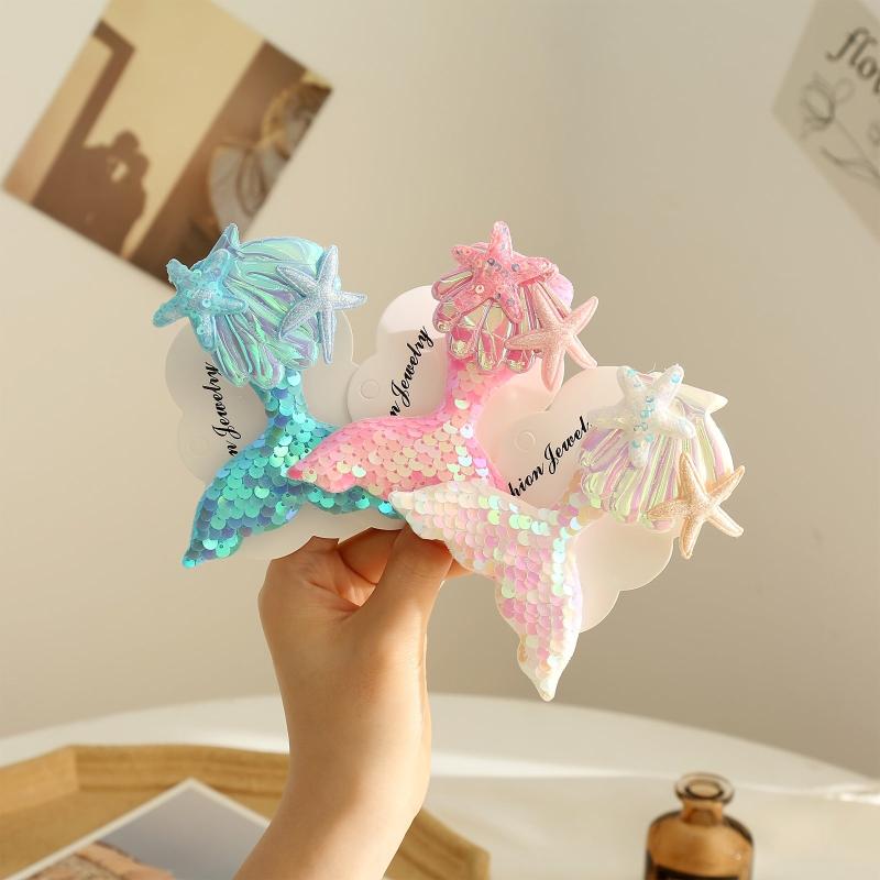 Mermaid Tail Hair Clip Pin Sequins Fish Tail Hairpin Starfish Shell Hair Accesso