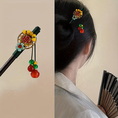 Chinese Style Floral Hairpin Wooden Hair Stick Ponytail Holder