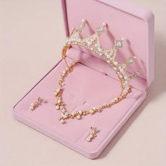 3pcs Rhinestone Bridal Set Crown Earrings Necklace