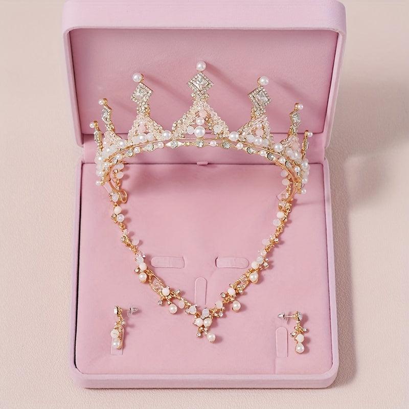 3pcs Rhinestone Bridal Set Crown Earrings Necklace