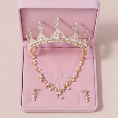 3pcs Rhinestone Bridal Set Crown Earrings Necklace