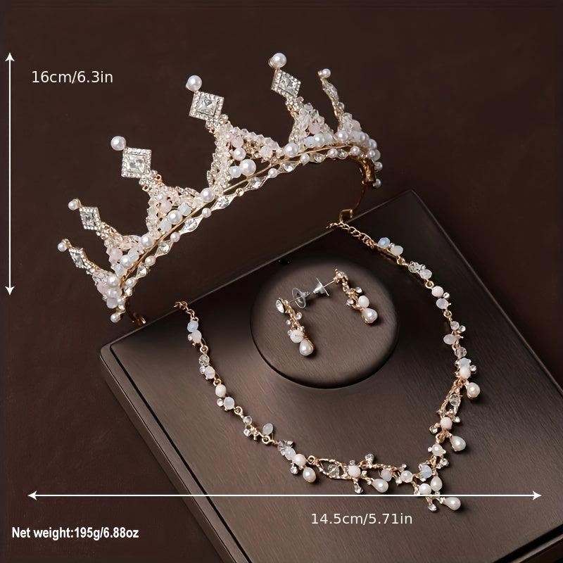 3pcs Rhinestone Bridal Set Crown Earrings Necklace