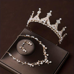 3pcs Rhinestone Bridal Set Crown Earrings Necklace