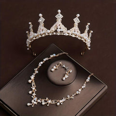 3pcs Rhinestone Bridal Set Crown Earrings Necklace