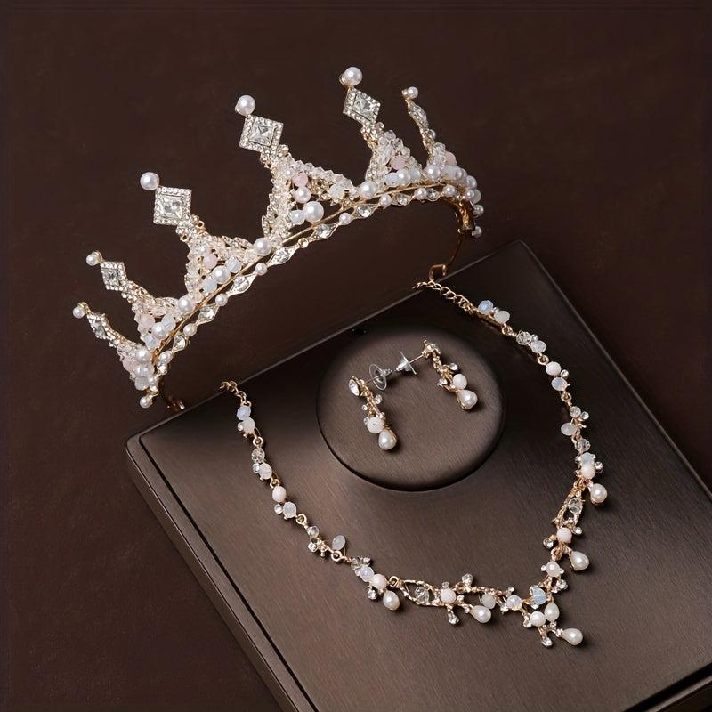 3pcs Rhinestone Bridal Set Crown Earrings Necklace