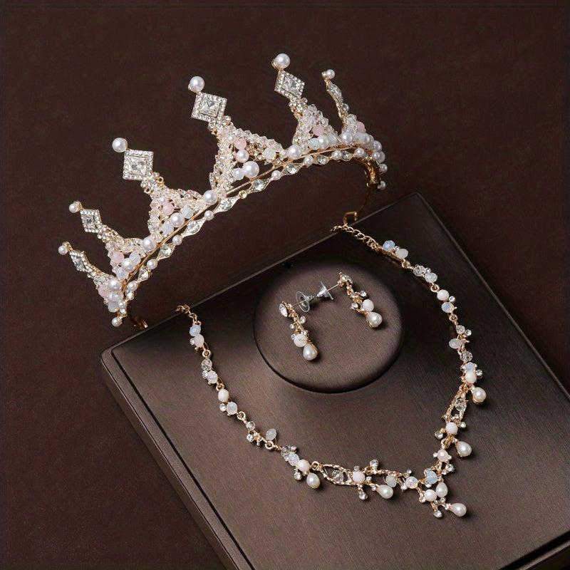 3pcs Rhinestone Bridal Set Crown Earrings Necklace