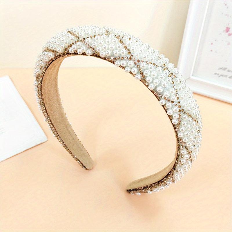 Plaid Headband Faux Pearl Sponge Padded Headdress
