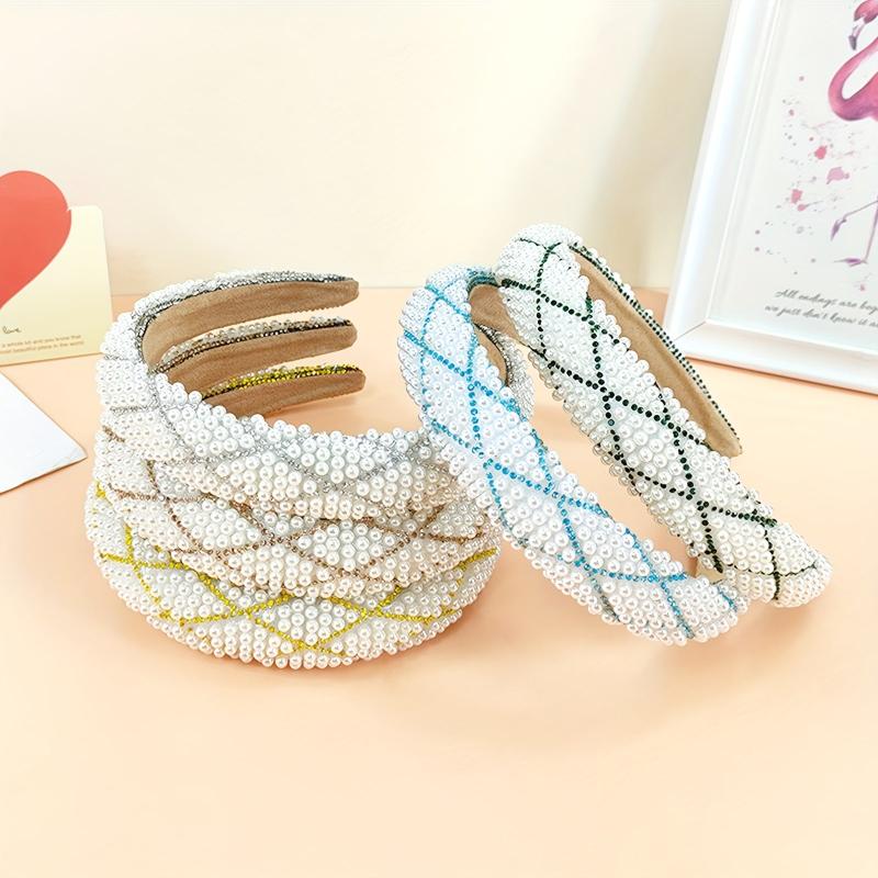 Plaid Headband Faux Pearl Sponge Padded Headdress