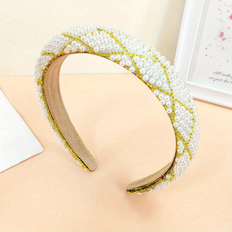 Plaid Headband Faux Pearl Sponge Padded Headdress
