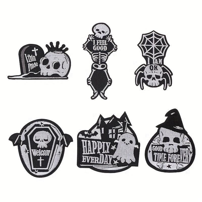6pcs Halloween Punk Style Skull Cloth Stickers Embroidered Cloth Stickers