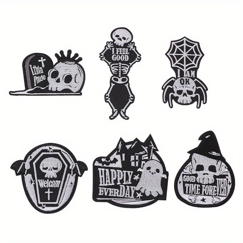 6pcs Halloween Punk Style Skull Cloth Stickers Embroidered Cloth Stickers