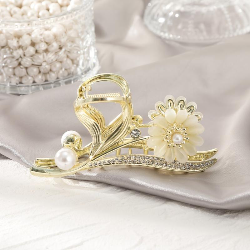 Flower Pearl Rhinestone Hair Grab Strong Hold Grip Hair Jaw Clip For Thick Hair