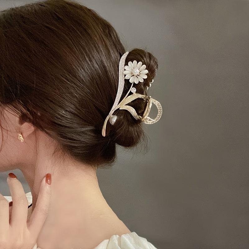 Flower Pearl Rhinestone Hair Grab Strong Hold Grip Hair Jaw Clip For Thick Hair
