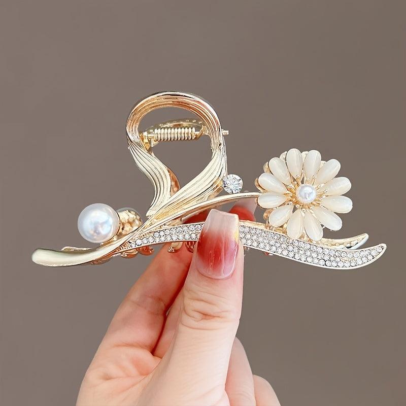 Flower Pearl Rhinestone Hair Grab Strong Hold Grip Hair Jaw Clip For Thick Hair