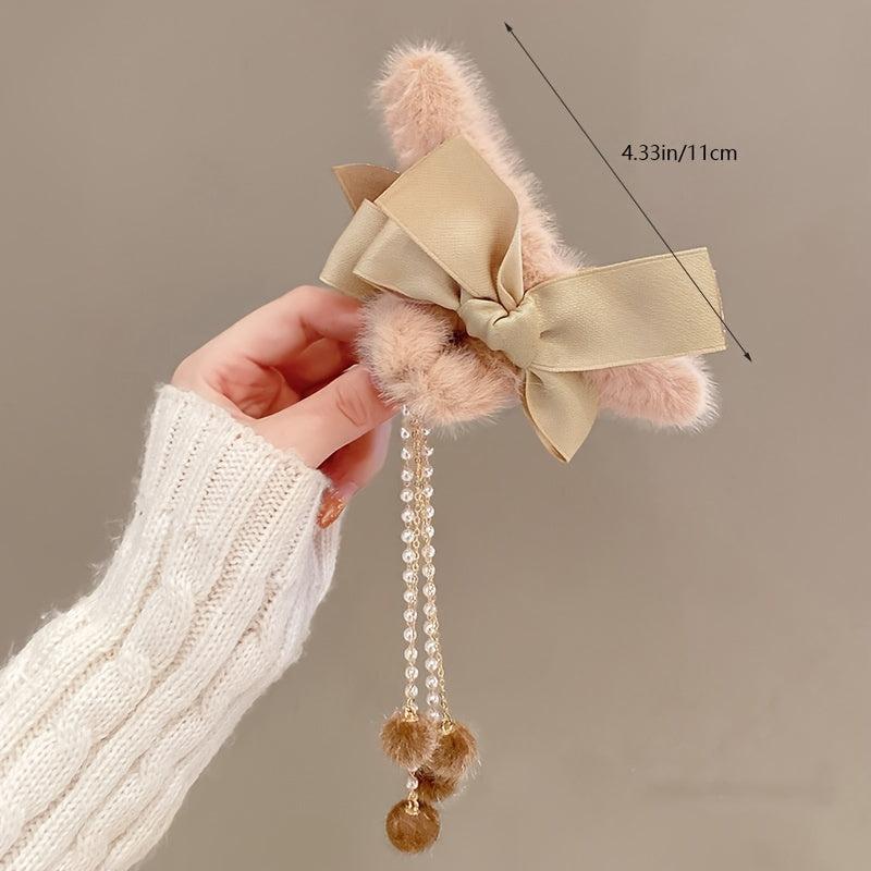 Plush Bow Tassel Hairpin Claw Clip Back Head Grab Clip Female Hairpin
