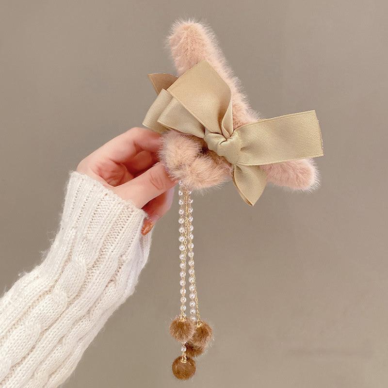 Plush Bow Tassel Hairpin Claw Clip Back Head Grab Clip Female Hairpin
