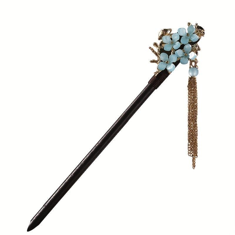 Flower Chinese Style Hairpin Golden Chain Pendant Wooden Hair Stick Ponytail Hol