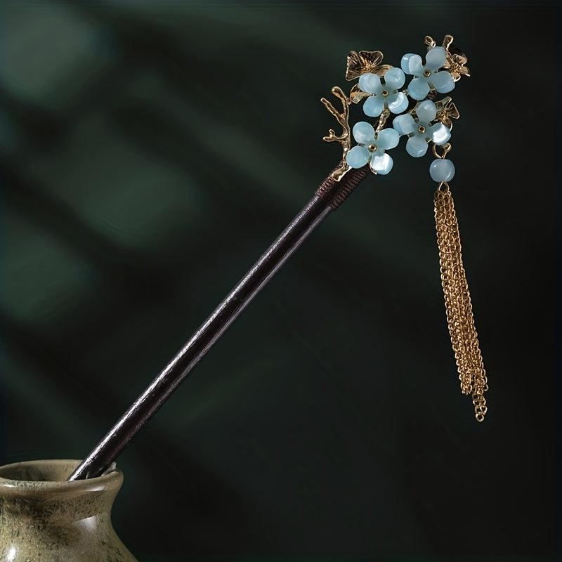 Flower Chinese Style Hairpin Golden Chain Pendant Wooden Hair Stick Ponytail Hol