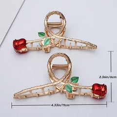Red Rose Hair Claw Clip Golden Metal Non Slip Strong Hold Grip Hair Jaw Clip