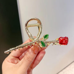 Red Rose Hair Claw Clip Golden Metal Non Slip Strong Hold Grip Hair Jaw Clip